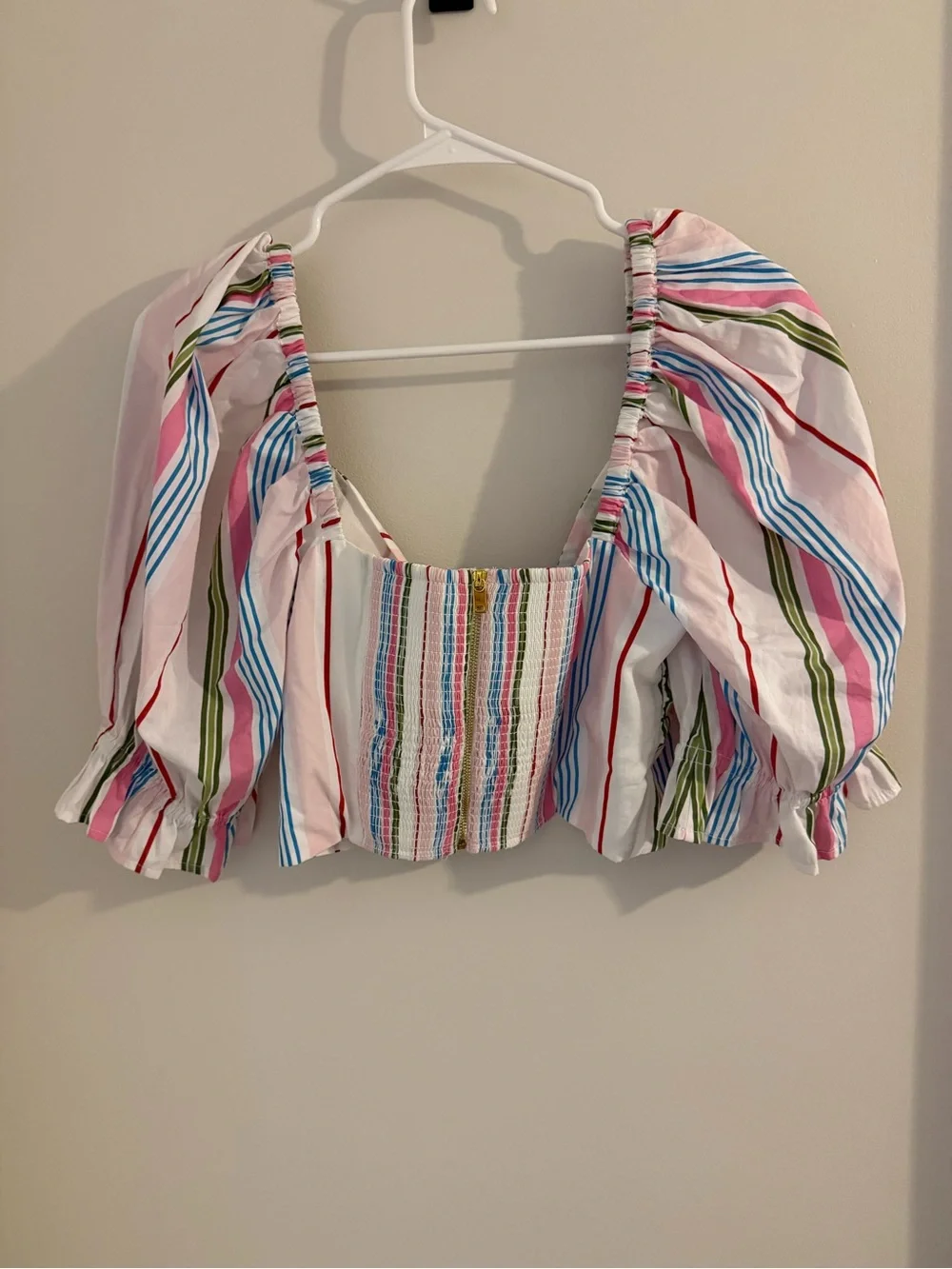 Hill House Striped Tie-Front Puff Sleeve Top in Pink, Blue, Green - Size XL